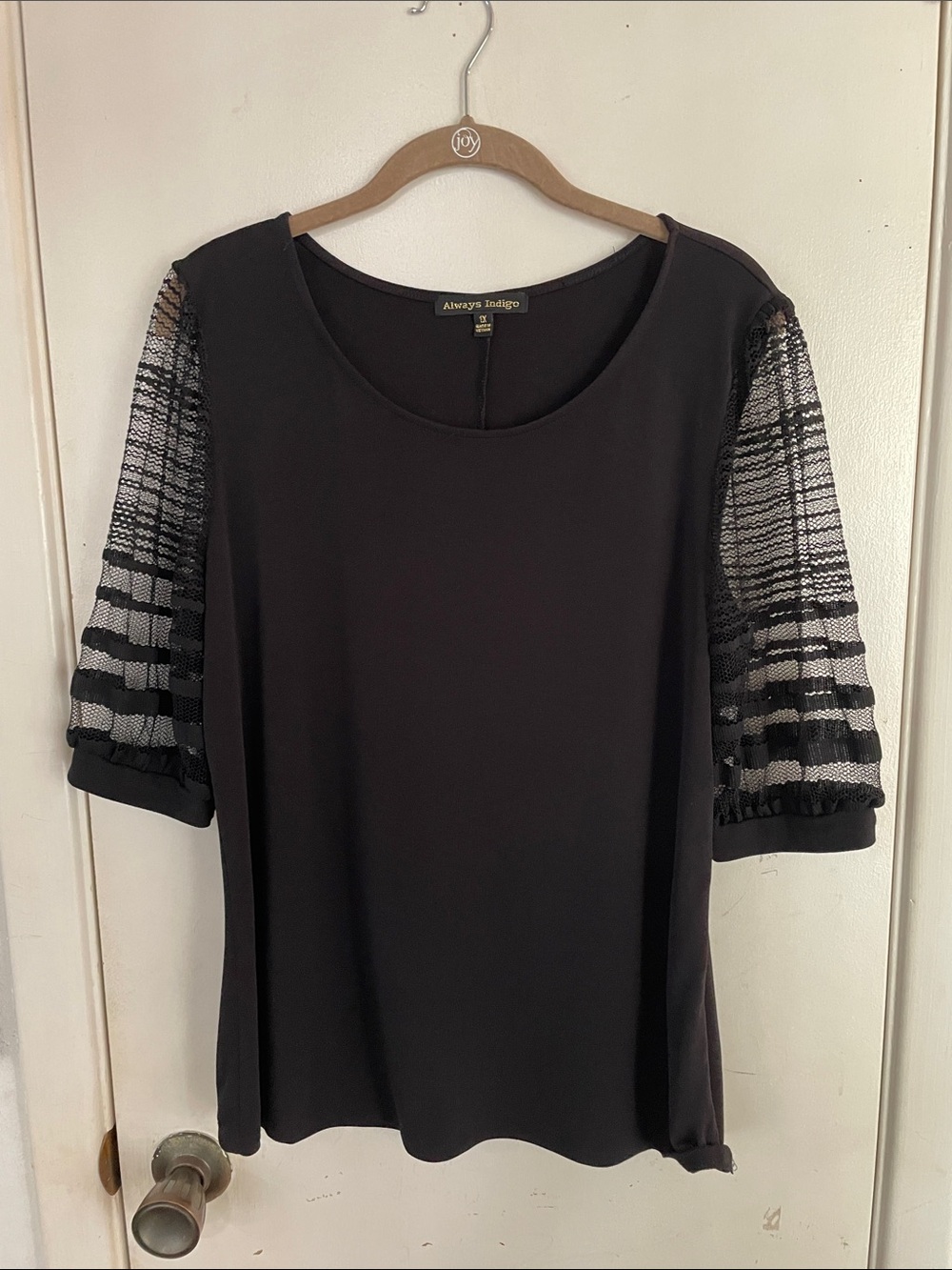 Women’s Always Indigo Black Top With Sheer Sleeves 1X